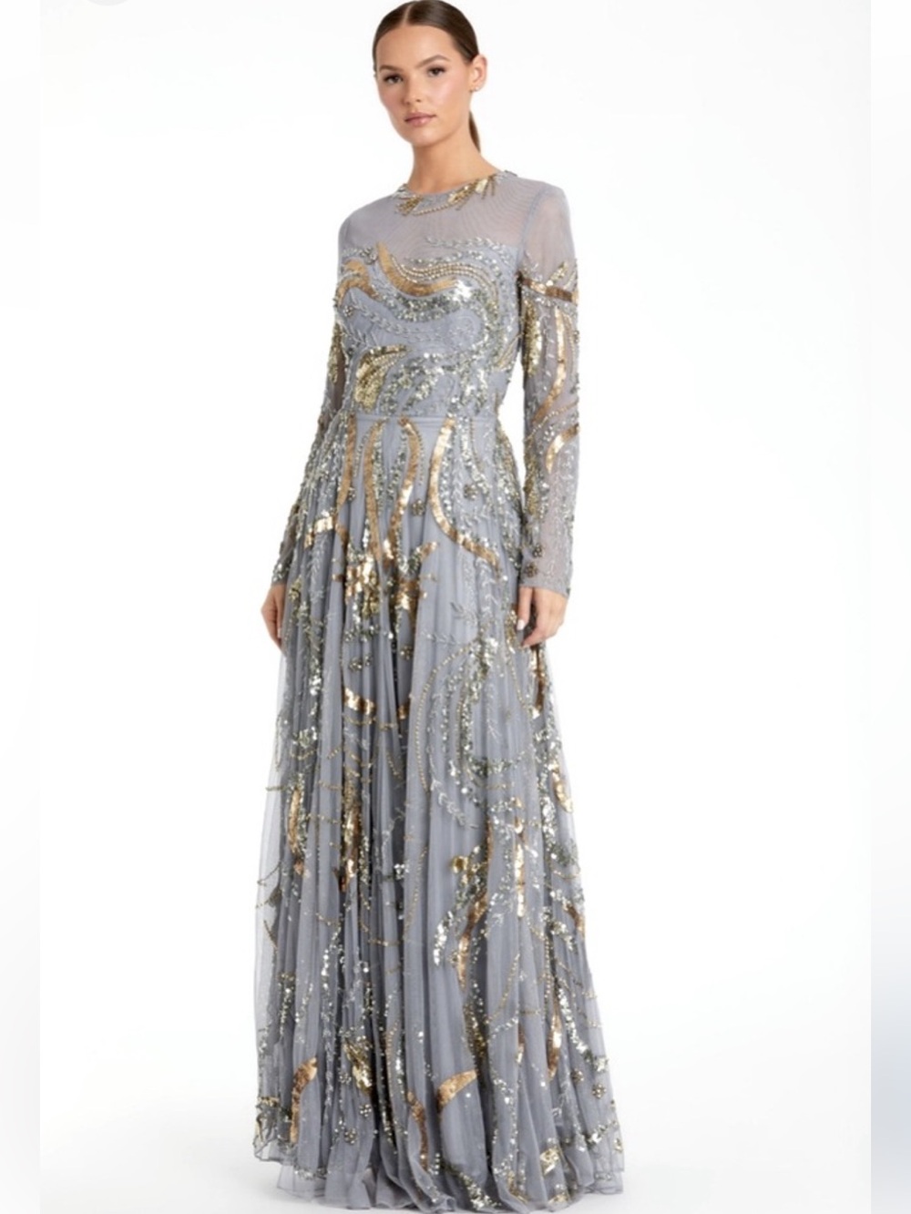 NWT Mac Duggal Embellished 5217 Platinum  Gold Illusion Evening Gown Size 6